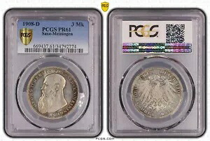 ドイツ、ドイツ帝国 ザクセン マイニンゲン 3 マーク 1908 PCGS PR61|WORLD RESOURCE【KING店】
