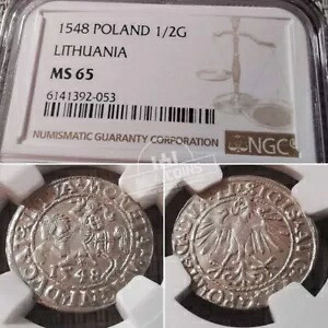 リトアニア - ジギスムント アウグストゥス - 1/2 グロス - 1548 年 - NGC MS65 !!!｜WORLD RESOURCE【KING店】