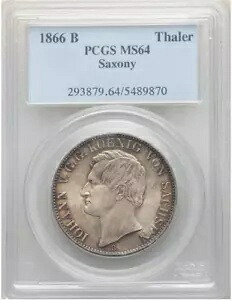たった 1 つだけ優れています! 1866 B ドイツ ザクセン ターラー コイン ターラー PCGS MS64 UNC、オールド スラブ！