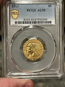 1913年 $5 ゴールド インディアン ヘッド PCGS AU55