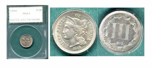 1866 ニッケル 3C- PCGS MS 63 ミント ラスター -3 セント++