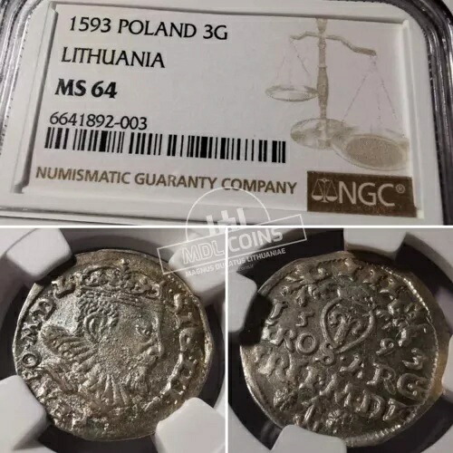 リトアニア - ジグムント III ワザ - 3 グロス - 1593 年 - NGC MS64|WORLD RESOURCE【KING店】