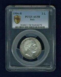 イタリア王国 1906-R 2 リラ銀貨 ほぼ未流通 認定 PCGS AU58｜WORLD RESOURCE【KING店】 325,710円