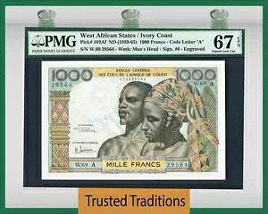 TT PK 103Af 1959-65 西アフリカ諸州 / コートジボワール 1000 フラン PMG 67 EPQ｜WORLD RESOURCE【KING店】