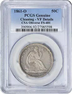 1861-O リバティ シーテッド ハーフダラー CSA 表面 FS-401 クリーニング - VF 詳細 PCGS