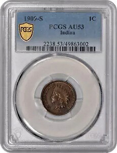 1909-S インディアン ヘッド ワン セント 1c PCGS AU53 - 素敵なコイン!