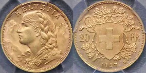 スイス 1927 年 20 フラン - PCGS MS65