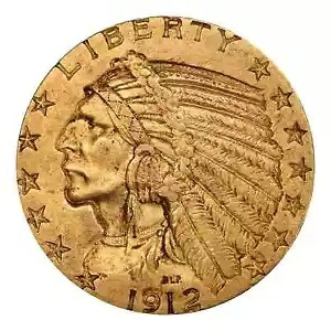 1912年 $5 ゴールド インディアン ヘッド ハーフ イーグル PCGS AU55 CAC 337,590円