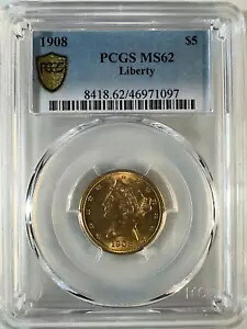 1908-(P) $5 リバティ (コロネット) ヘッド ゴールド ハーフ イーグル モットー付き PCGS MS62