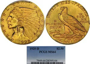 1925-D $2.50 ゴールド PCGS MS64 インディアン クォーター イーグル ~ 素晴らしいフロスティ ローズ ゴールド!