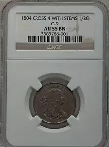 1804 1/2 C クロスレット 4、ステム AU55 NGC。 C-9、B-8、R.2。