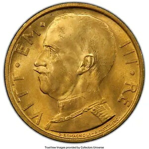 イタリア 1931-R YR. IX 50 リラ未流通金貨、PCGS 認定 MS64+