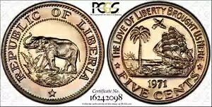 リベリア 1971 ニッケル 5 セント PCGS PR67 ディープ カメオ 最高級の既知のトップ ポップ トーン ゴールド