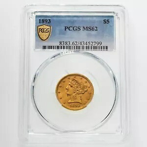 1893 年 $5 ゴールド リバティ ハーフ イーグルが PCGS によって MS-62 として等級付けされました。ゴージャスな初期のUSゴールド！