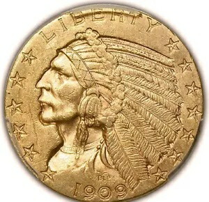 1909 D $5 インディアン ゴールド ハーフ イーグル PCGS MS 62 非常に光沢があり、しっかりと引き締まった状態 345,015円