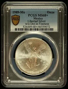 1989 Mo メキシコ オンザ リベルタード シルバー、ドットなし、細さ PCGS MS 68+