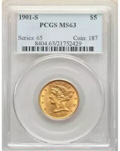 1901-S $5 リバティ ヘッド ゴールド ハーフ イーグル PCGS MS 63 345,015円