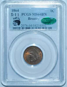1864 PCGS MS64BN CAC イーグルアイ フォト シール FS-1401 S-11 旋盤ライン インディアン セント
