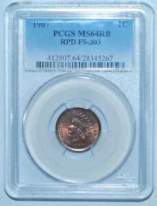 1907 PCGS MS64RB 赤と茶色 FS-303 S-20 RPD 再パンチ日 インディアン セント