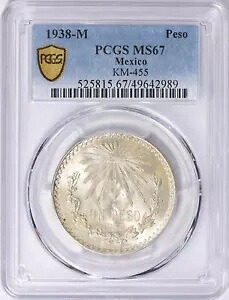 1938 M メキシコ ウン ペソ シルバー KM-455 PCGS シールド MS67 ロー POP レジストリ コイン 989