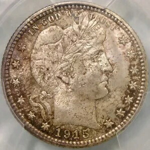 1915 バーバー リバティ ヘッド シルバー クォーター、ゴージャスで驚くべき調色 PCGS MS 65
