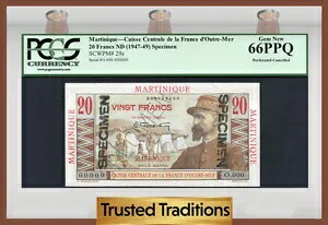 TT PK 29s 1947-49 マルティーニーク 20 フラン「E. ジェンティル」 PCGS 66 PPQ ジェム ファインナーなし