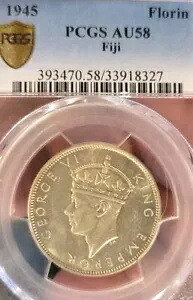 フィジー 1945 フローリン、レアグレード、素晴らしい PCGS 58++、キー、低強度、高ディテール/光沢