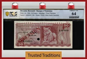 TT PK 4s 1960 ルワンダ-ブルンジ 50 フラン 美しい標本 希少な雌ライオン PCGS 64｜WORLD RESOURCE【KING店】