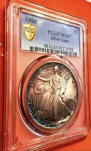 1988-P PCGS MS67 シルバー イーグル $ モンスター ビブラント プログレッシブ レインボー トーニング $750｜WORLD RESOURCE【KING店】