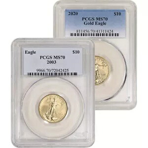 アメリカン ゴールド イーグル 1/4 オンス $10 - PCGS MS70 ランダムな日付とラベル