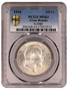 1910 英国シルバー ハーフ 1/2 クラウン - エドワード 7 世 - PCGS グレード MS63