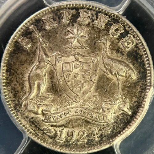 オーストラリア。 1924 年、6 ペンス、シルバー - PCGS AU50 - KGV、メルボルン & シドニー