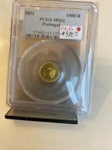 ポルトガル金貨: 1000 レイ、1851 年、グレード PCGS-61..推定: $1100