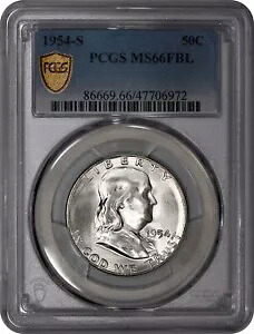 1954-S フランクリン ハーフダラー 50c PCGS MS66FBL - 100% ホワイト!