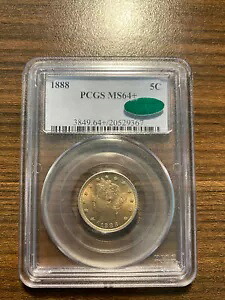 1888-P リバティ ニッケル V ニッケル 5C PCGS MS 64+ PLUS CAC タイプ 2、「CENTS」レア付き