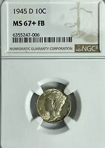 1945-D マーキュリー ダイム PCGS MS67+FB - シャンパンの光沢のあるヒント - POP 27/25