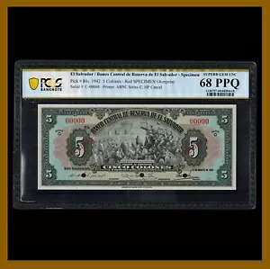 エルサルバドル 5 コロンズ、1942 P-84 レッド標本オーバープリント PCGS 68 PPQ｜WORLD RESOURCE【KING店】