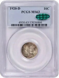 1920-D マーキュリー シルバー ダイム MS63 PCGS (CAC)