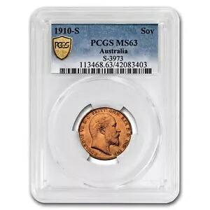 1910-S オーストラリア ゴールド ソブリン エドワード 7 世 MS-63 PCGS