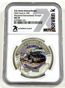 7K 2022 NGC MS70 1 オンス メリーランド ダイヤモンドバック テラピン 米国州動物コイン & カード