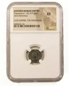 NGC XF ローマン AE4 テオドシウス 1 世 (大王) 非常に細かい AD379-395 NGC 古代