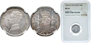 スペイン 1904 PCV 50 センティモス シルバー 835 NGC MS 64