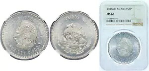 メキシコ 1948 Mo 5 ペソ シルバー 900 NGC MS 65