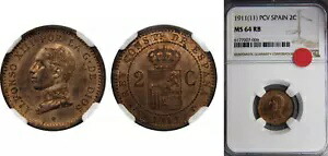 スペイン 1911 PCV 2 センティモス ブロンズ 95 銅 4 錫 1 亜鉛 NGC MS 64 RB