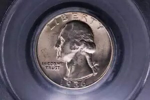 1936-D ワシントン シルバー クォーター、白。 PCGS MS-64、グリーン CAC ステッカー、#05501