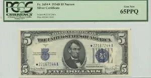 1934D $5 シルバー サート FR#1654* PCGS 65 ジェム 新品 PPQ スター ナロー|WORLD RESOURCE【KING店】