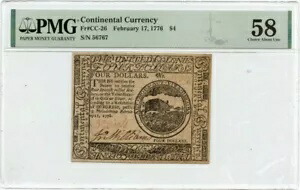 1776 年 2 月 17 日 $4 大陸通貨コロニアル CC-26 PMG AU58