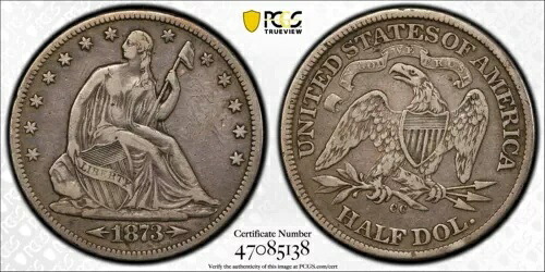 1873 CC 矢印付き カーソンシティ シーテッド リバティ シルバー ハーフダラー 50C PCGS VF Det.｜WORLD RESOURCE【KING店】