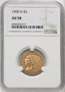 1909-D インディアン $5 NGC AU58