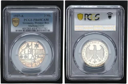 ワイマール共和国 3 マーク 1927A J. 330 マールブルク大学 PCGS PR65CAM 103856-|WORLD RESOURCE【KING店】